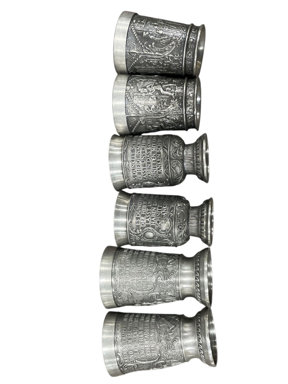 Vintage Pewter Shot Glasses Set of 6 Relief Scene Cups Zinn Wine Tasting Barware - Picture 2 of 13
